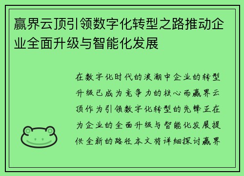 赢界云顶引领数字化转型之路推动企业全面升级与智能化发展